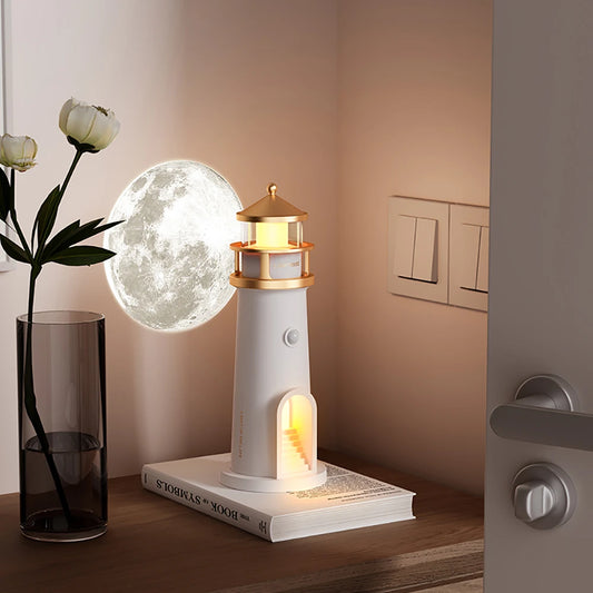 Lighthouse Moon Projection Night Light – Dimmable LED, Bluetooth Speaker & Motion Sensor Decor Gift